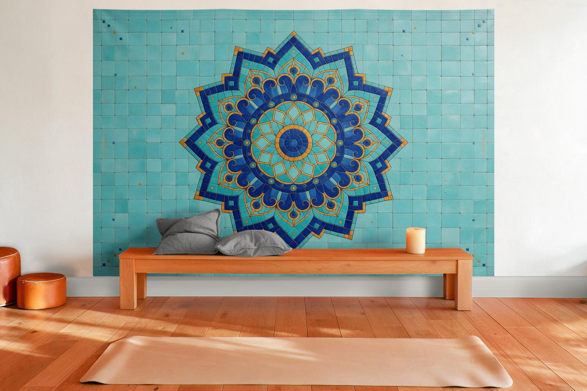 XXL wall tapestry Mandala in Mosaic Look as wall decor in a yoga room