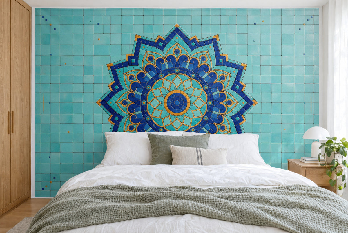Large wall hanging Mandala in Mosaic Look in the bedroom, wall-filling behind the bed – printed tapestry