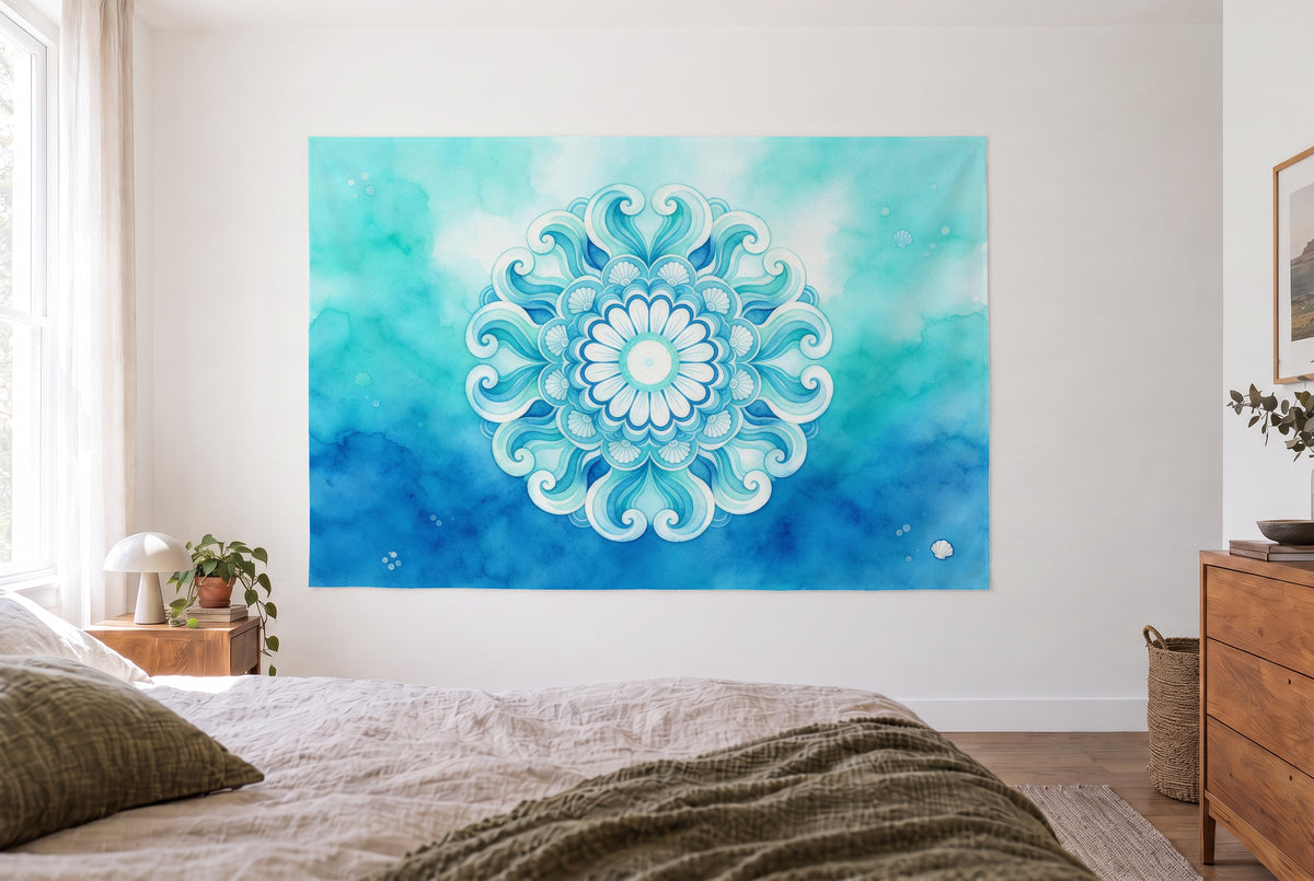 Mandala tapestry in ocean blue and turquoise in a bright bedroom opposite the bed, wooden dresser on the right – turquoise