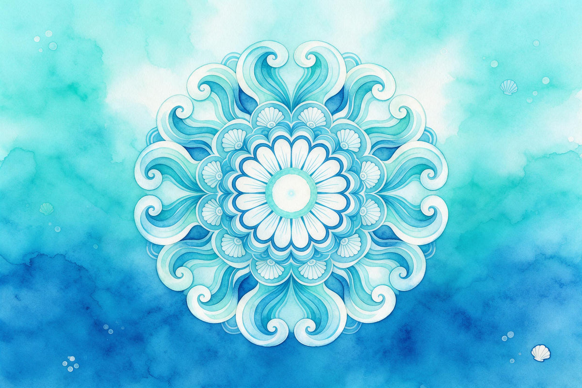 Mandala aus wellenförmigen Blütenblättern und Muscheln in Ozeanblau und Türkis, als Wandtuch, auf Stoff gedruckt – Weiss