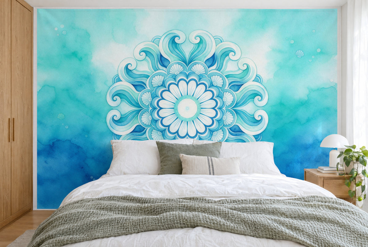 Grosses Wandtuch Mandala in Ozeanblau und Türkis im Schlafzimmer wandfüllend hinter dem Bett – Wandbehang aus Stoff