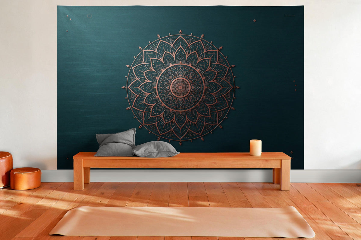 Tenture murale XXL Mandala pétrole et cuivre en déco murale dans une salle de yoga