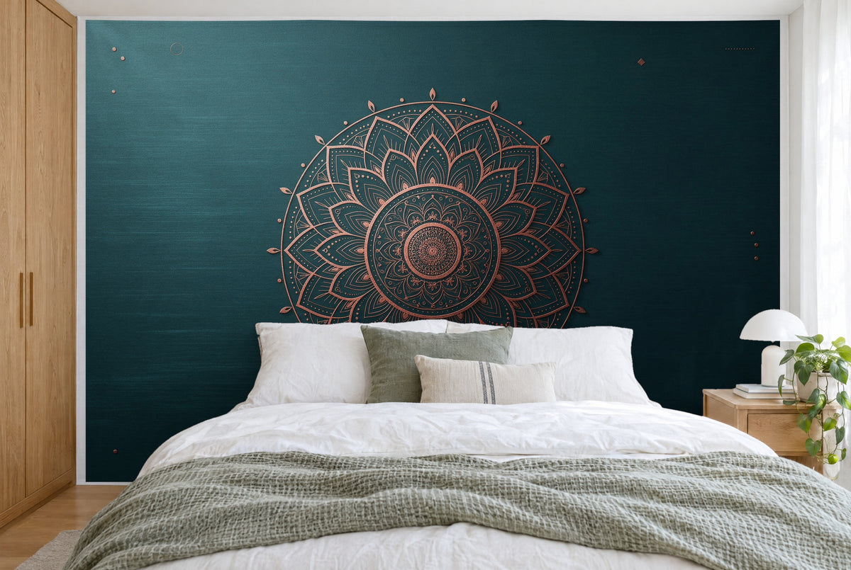 Grande tenture murale Mandala pétrole et cuivre dans la chambre, sur tout le mur derrière le lit – tapisserie en tissu