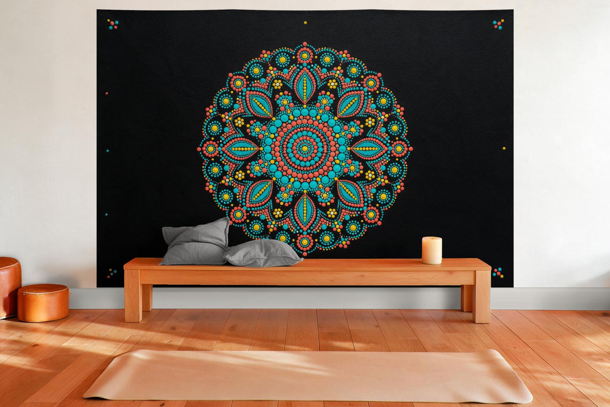 Tenture murale XXL Mandala en points en déco murale dans une salle de yoga