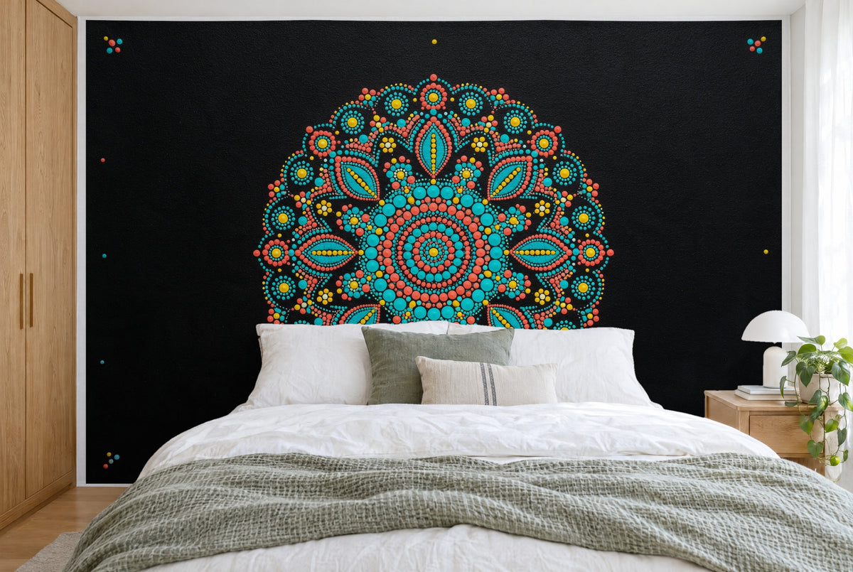 Grande tenture murale Mandala en points dans la chambre, sur tout le mur derrière le lit – tapisserie en tissu