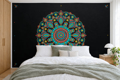 Grande tenture murale Mandala en points dans la chambre, sur tout le mur derrière le lit – tapisserie en tissu