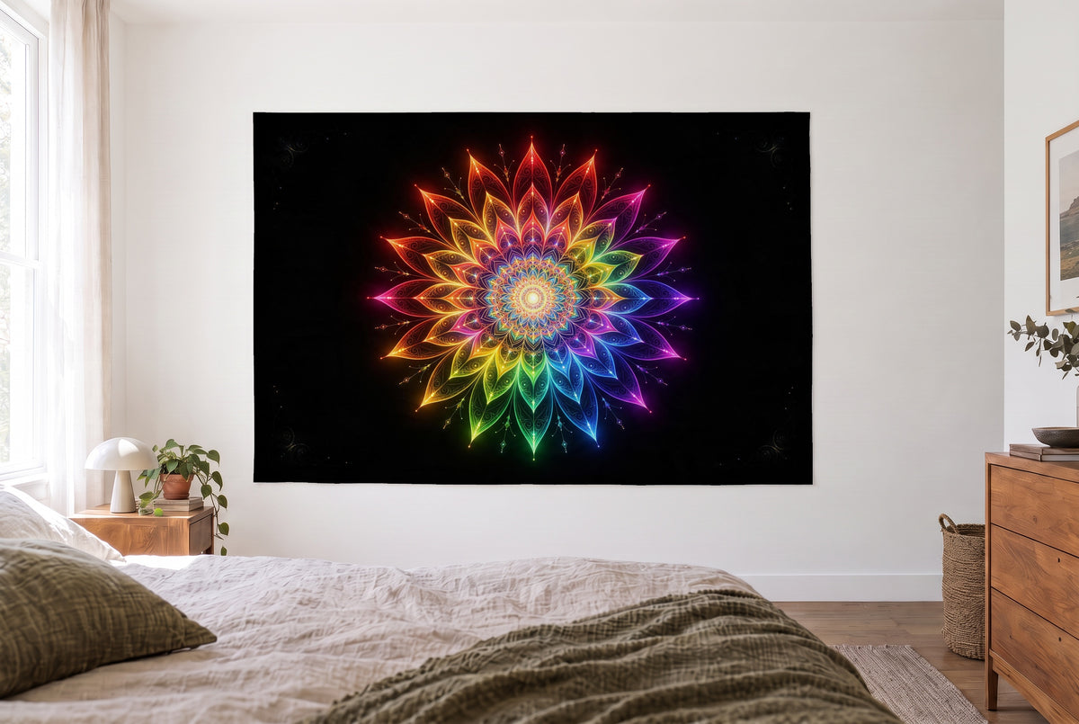 Rainbow mandala on black tapestry in a bright bedroom opposite the bed, wooden dresser on the right – colourful