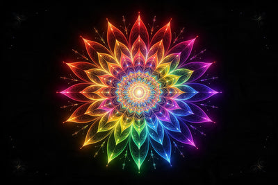 Mandala of glowing rainbow petals centred on deep black, tapestry printed on fabric – red, yellow and blue