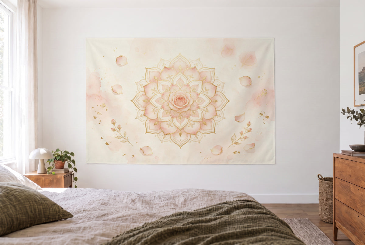 Tenture mandala rosé et or dans une chambre claire face au lit, une commode en bois à droite – rose et crème