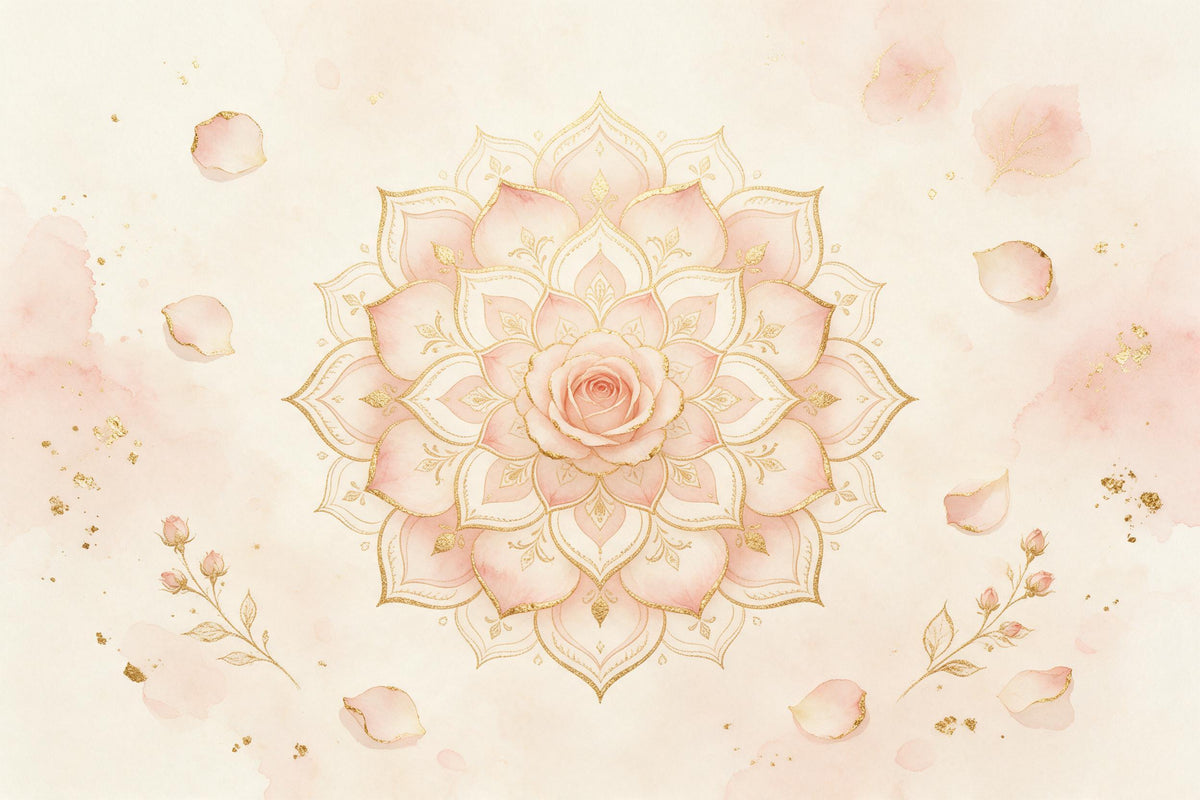 Mandala de pétales rosés aux contours dorés et une rose au centre, tenture murale imprimée sur tissu – rosé, or