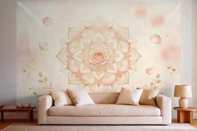 Déco murale dans un salon lumineux au-dessus du canapé : tenture murale Mandala rosé et or, imprimée sur tissu