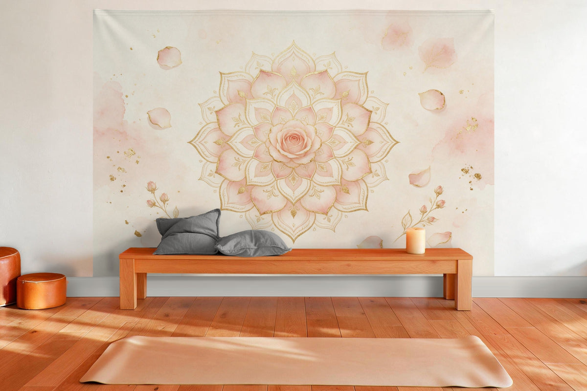 Tenture murale XXL Mandala rosé et or en déco murale dans une salle de yoga