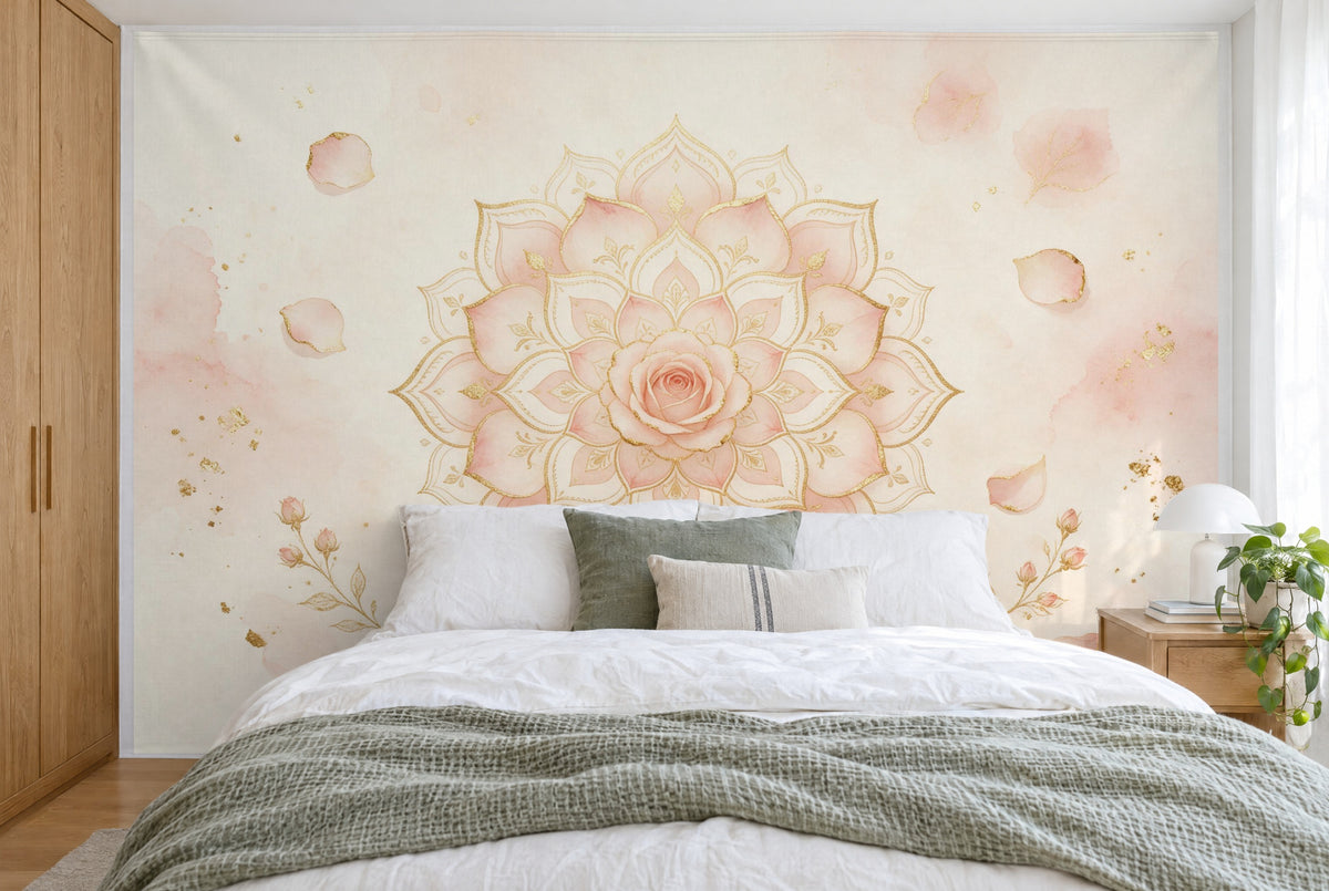 Grande tenture murale Mandala rosé et or dans la chambre, sur tout le mur derrière le lit – tapisserie en tissu