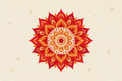 Mandala aux pétales rouges et orange en forme de flammes sur crème, tenture murale imprimée sur tissu – rouge et orange