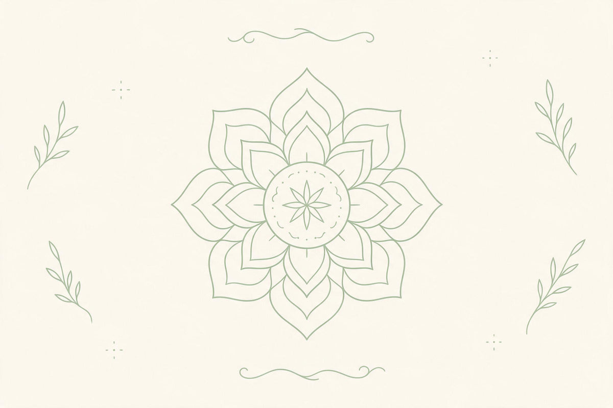 Simple mandala of fine lines, framed by leafy sprigs and flourishes, tapestry printed on fabric – sage green