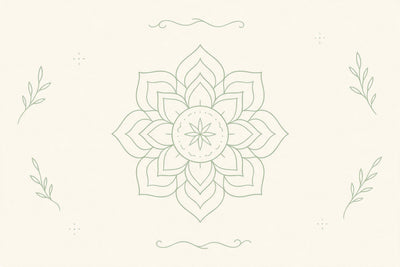 Simple mandala of fine lines, framed by leafy sprigs and flourishes, tapestry printed on fabric – sage green