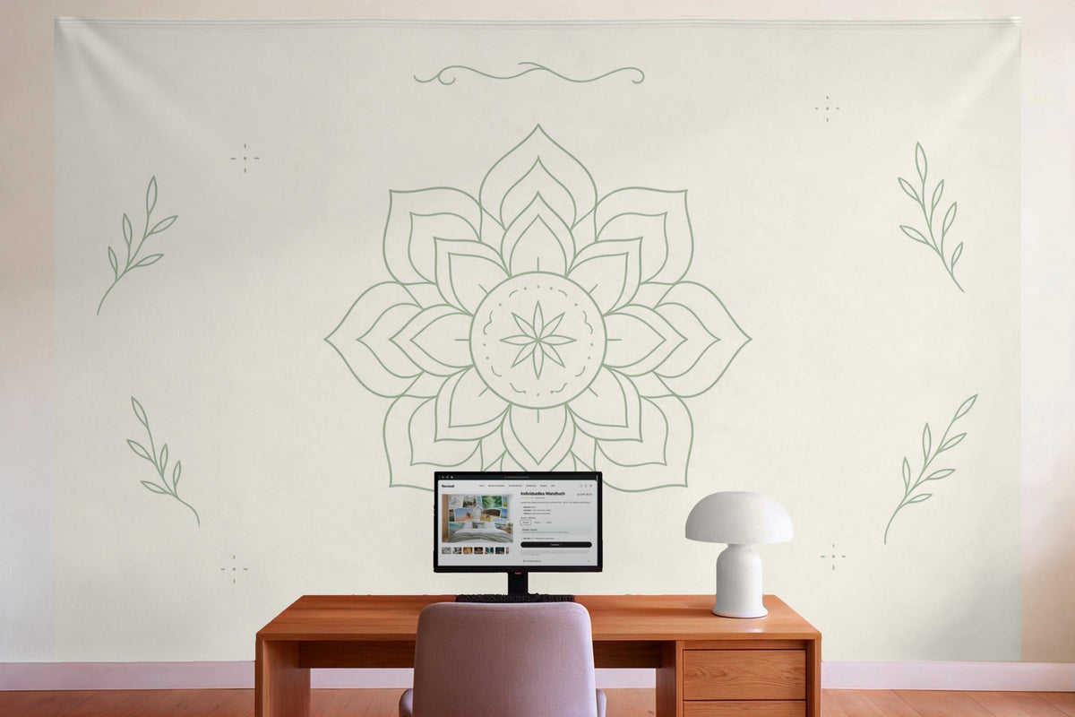 Wall decor in a home office behind the desk: printed fabric tapestry Minimalist Mandala in Sage and Cream