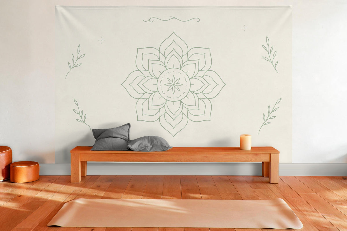 XXL wall tapestry Minimalist Mandala in Sage and Cream as wall decor in a yoga room