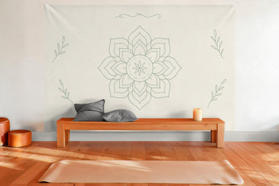 XXL wall tapestry Minimalist Mandala in Sage and Cream as wall decor in a yoga room