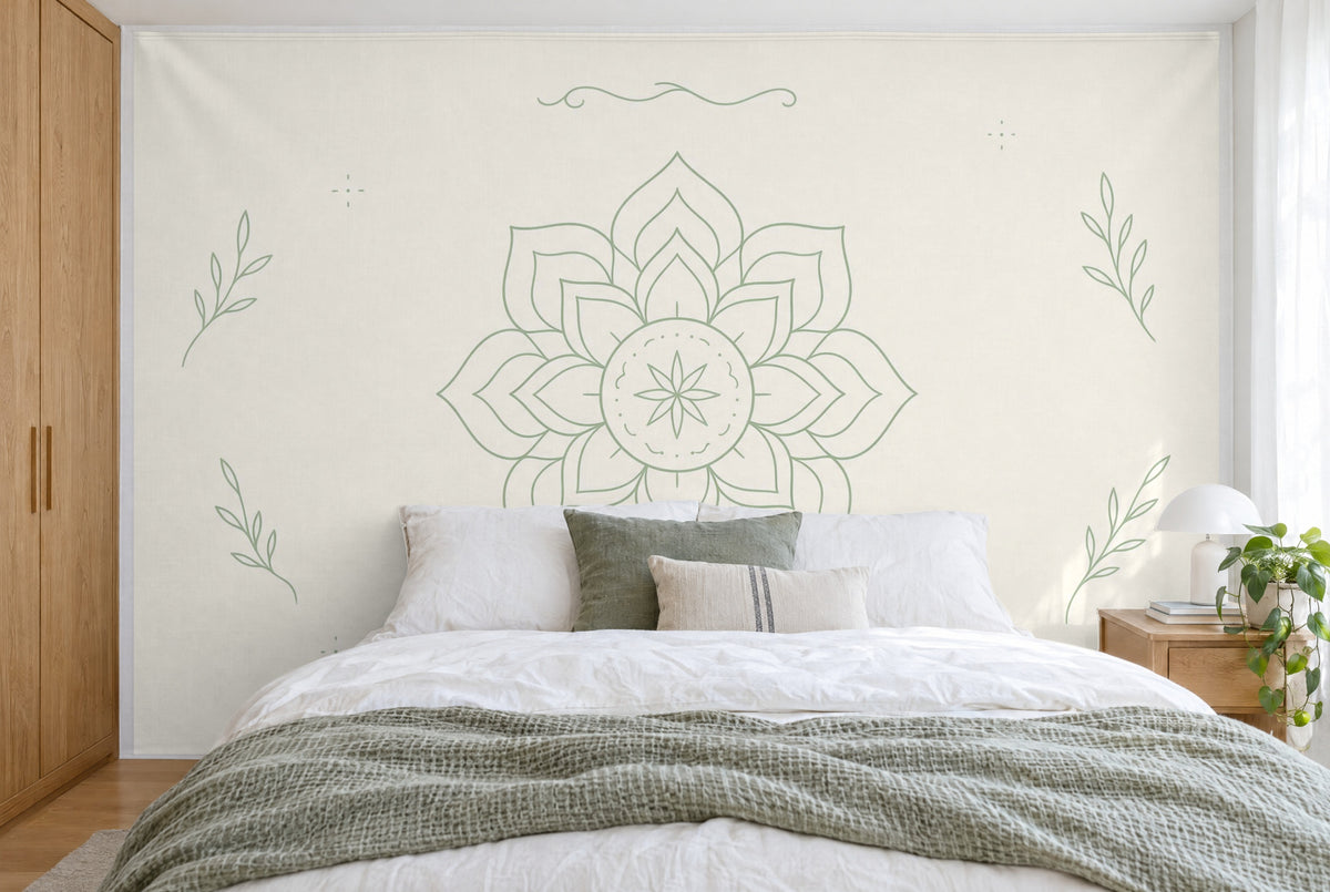 Large wall hanging Minimalist Mandala in Sage and Cream in the bedroom, wall-filling behind the bed – printed tapestry