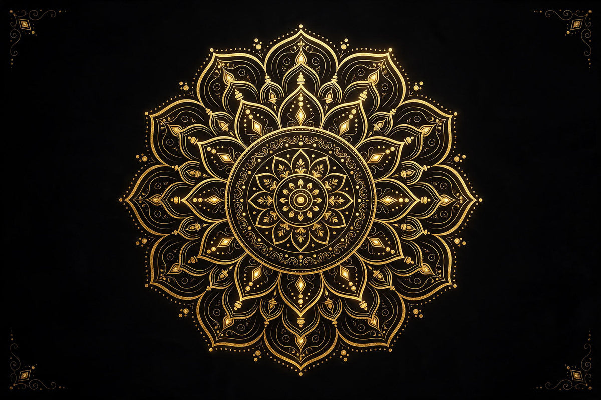 Mandala aux lignes dorées avec pétales et points dorés sur noir profond, tenture murale imprimée sur tissu – or