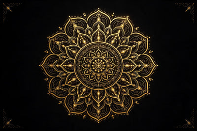 Mandala aux lignes dorées avec pétales et points dorés sur noir profond, tenture murale imprimée sur tissu – or