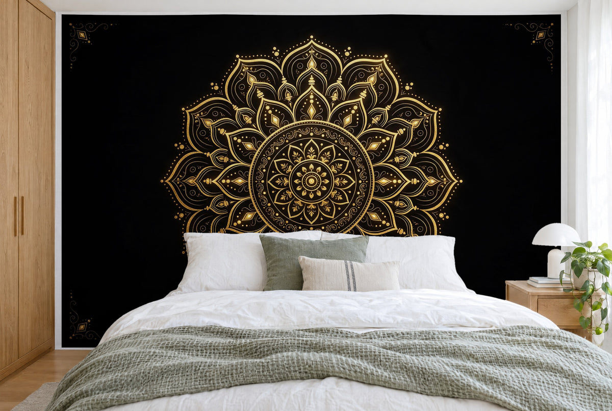 Grande tenture murale Mandala noir et or dans la chambre, sur tout le mur derrière le lit – tapisserie en tissu