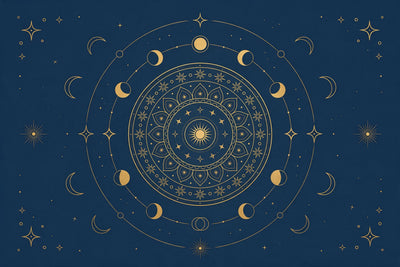 Mandala doré avec un soleil au centre, orbite de phases de lune et d'étoiles, tenture murale imprimée sur tissu – bleu nuit