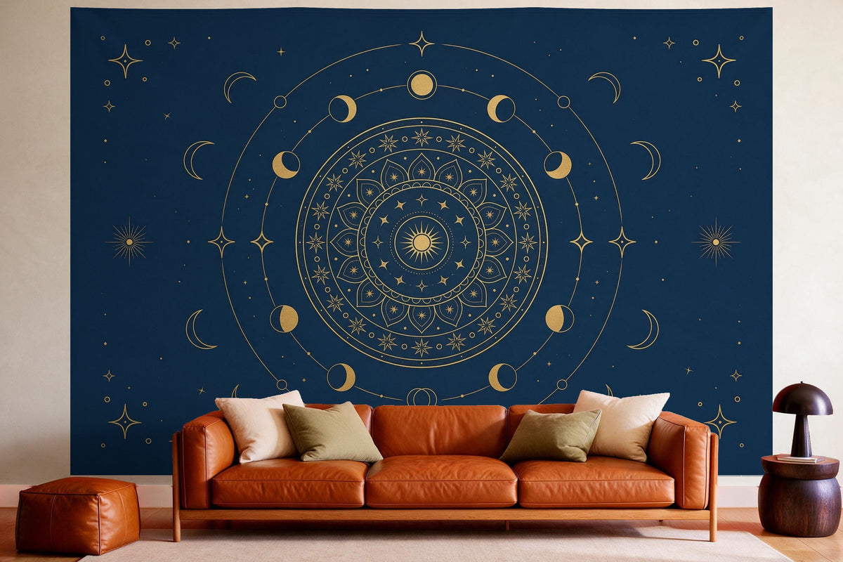 Wall decor in a cosy living room above the leather sofa: printed fabric tapestry Mandala with Sun and Moon in Blue and Gold