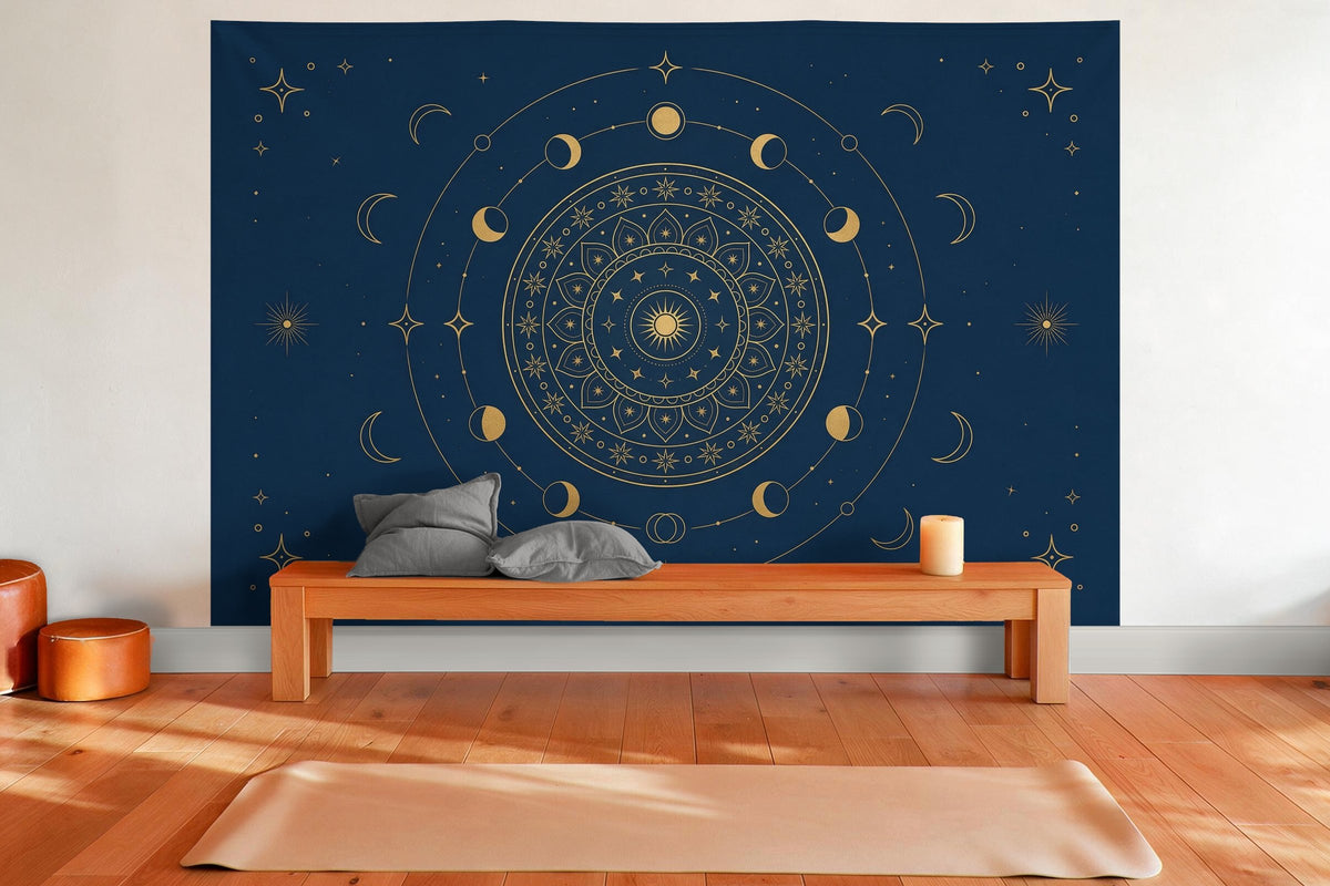 XXL wall tapestry Mandala with Sun and Moon in Blue and Gold as wall decor in a yoga room