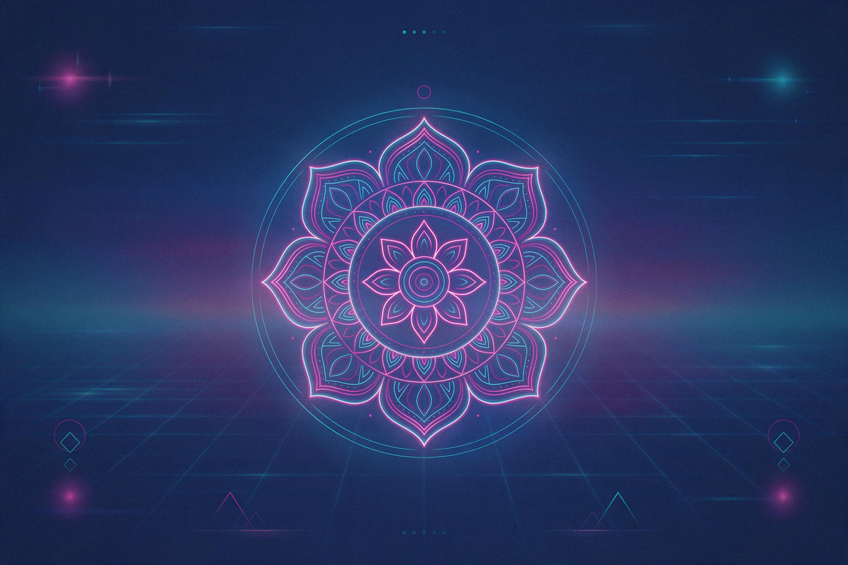 Mandala aux lignes néon au centre devant une grille rétro lumineuse, tenture murale imprimée sur tissu – rose et turquoise