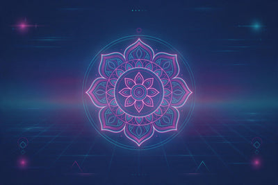 Mandala aux lignes néon au centre devant une grille rétro lumineuse, tenture murale imprimée sur tissu – rose et turquoise