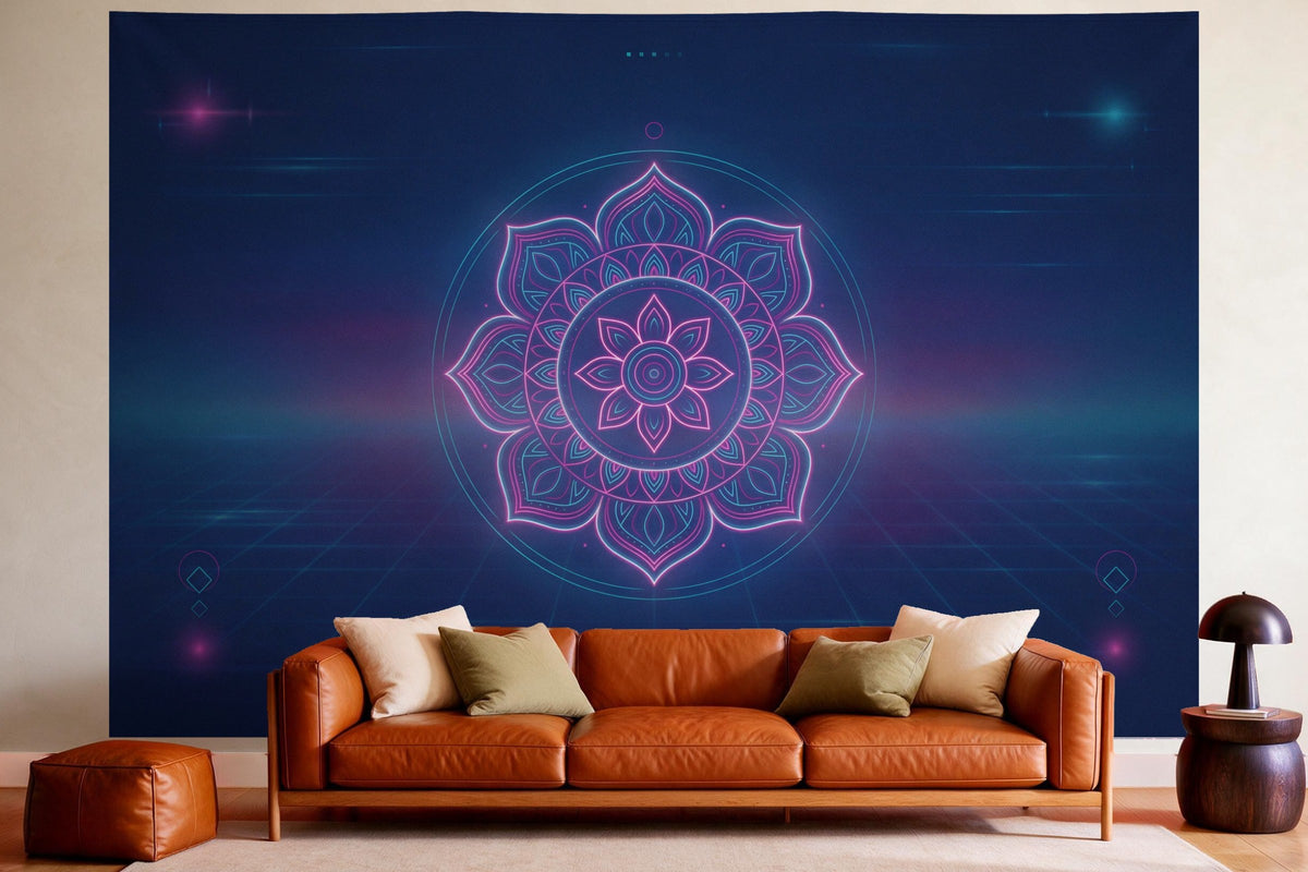 Déco murale dans un salon chaleureux au-dessus du canapé en cuir : tenture murale Mandala néon synthwave, imprimée sur tissu