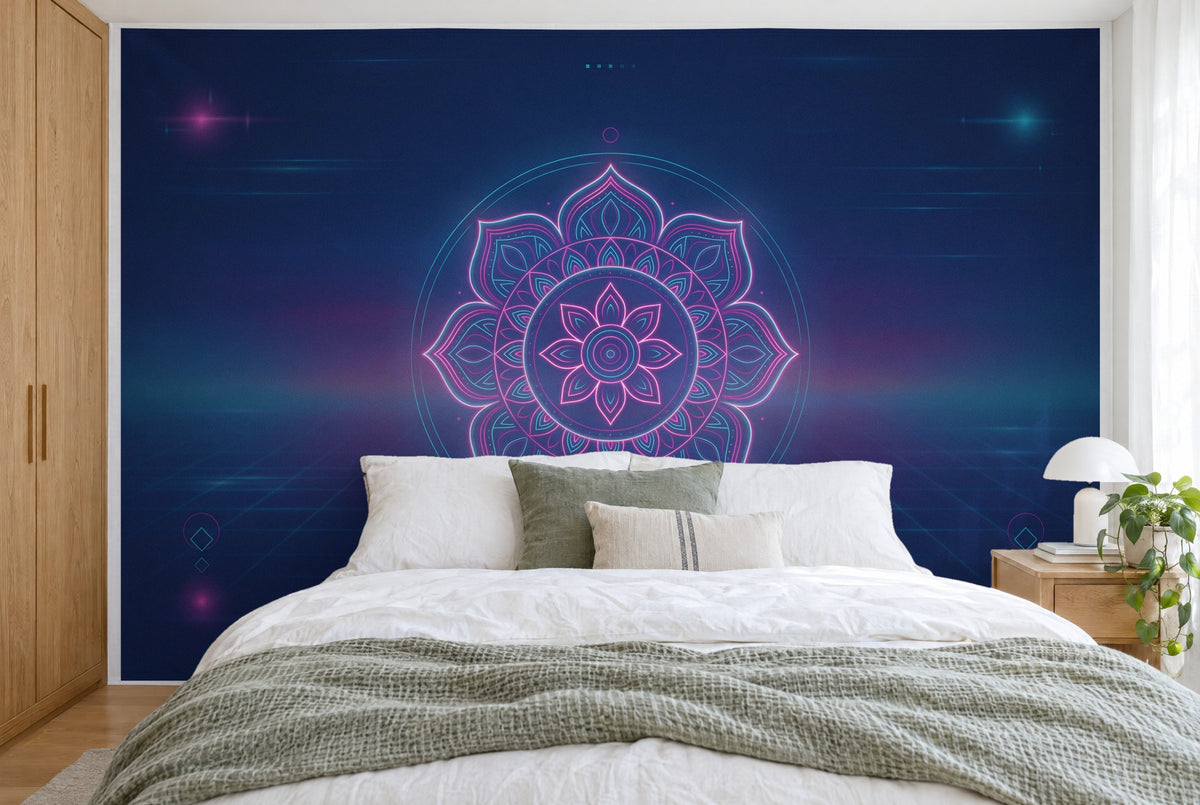 Grande tenture murale Mandala néon synthwave dans la chambre, sur tout le mur derrière le lit – tapisserie en tissu