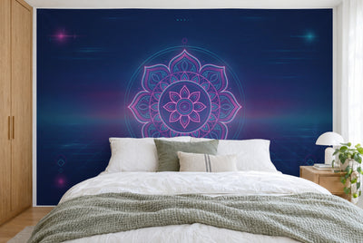 Grande tenture murale Mandala néon synthwave dans la chambre, sur tout le mur derrière le lit – tapisserie en tissu