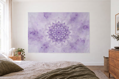 Violet and silver mandala tapestry in a bright bedroom opposite the bed, wooden dresser on the right – lilac