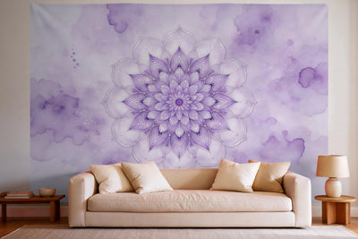 Wall decor in a bright living room above the sofa: printed fabric tapestry Mandala in Violet and Silver