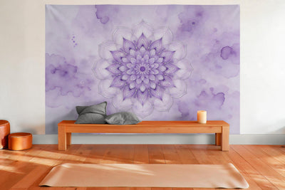 XXL wall tapestry Mandala in Violet and Silver as wall decor in a yoga room