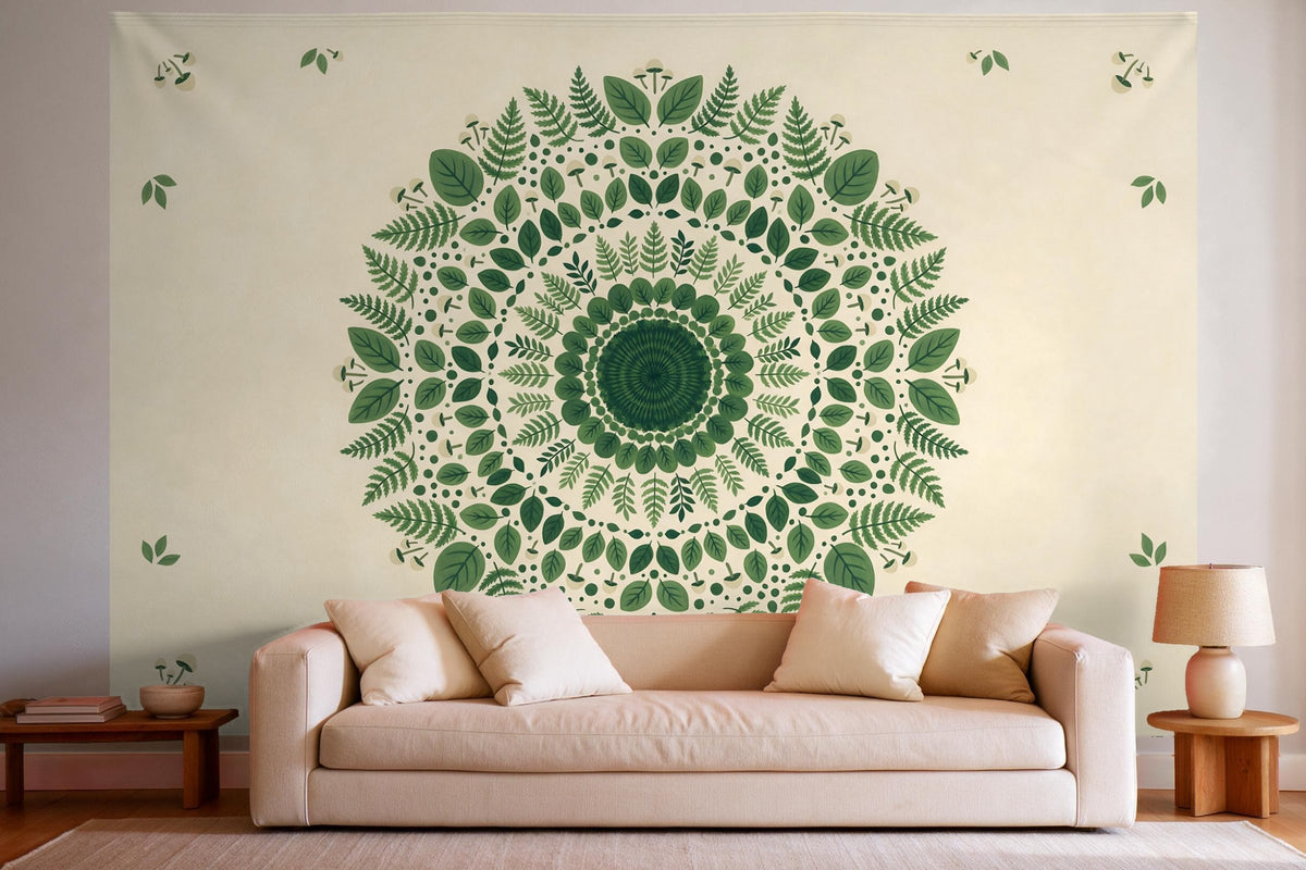 Déco murale dans un salon lumineux au-dessus du canapé : tenture murale Mandala forestier en vert, imprimée sur tissu