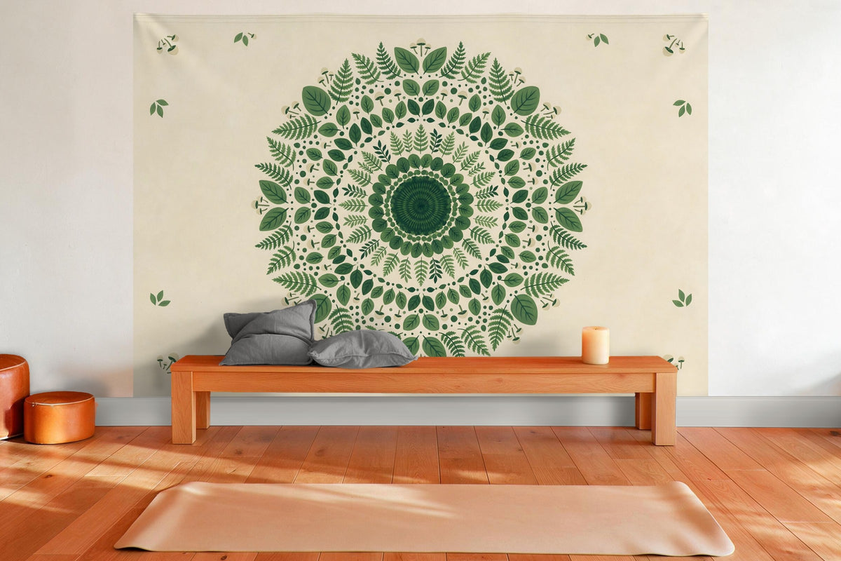 Tenture murale XXL Mandala forestier en vert en déco murale dans une salle de yoga