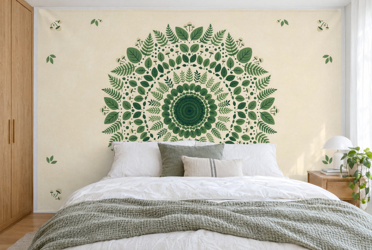 Grande tenture murale Mandala forestier en vert dans la chambre, sur tout le mur derrière le lit – tapisserie en tissu