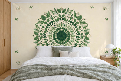 Grande tenture murale Mandala forestier en vert dans la chambre, sur tout le mur derrière le lit – tapisserie en tissu