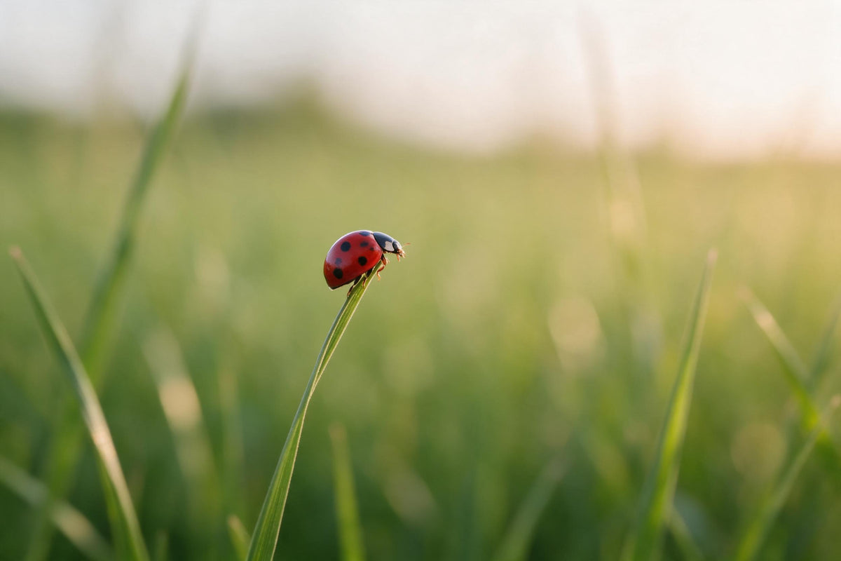 Red ladybird with black spots on a blade of grass before a soft meadow, tapestry printed on fabric – red and green