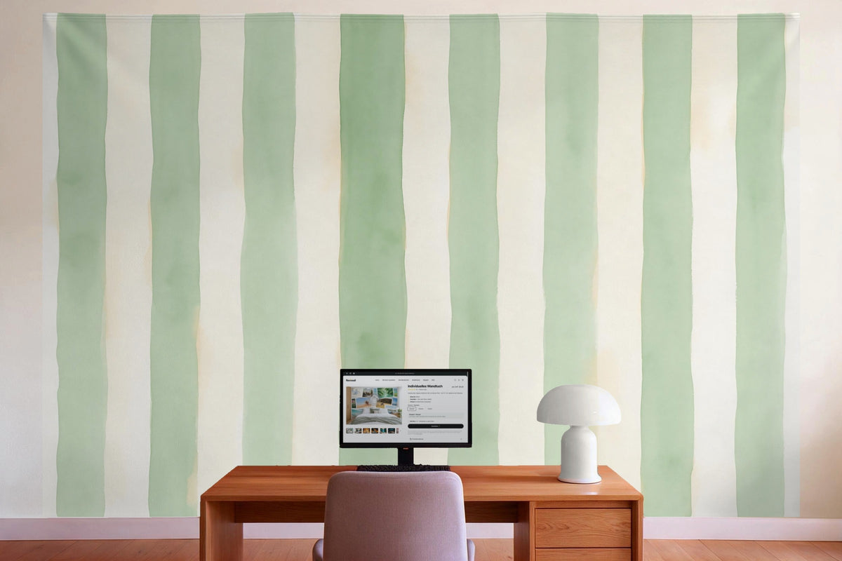 XXL wall tapestry Awning Stripes in Sage and Cream as wall decor in a home office behind the desk