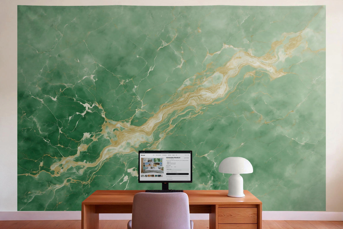 Tapiz de pared XXL Mármol verde con vetas doradas como decoración en la oficina detrás del escritorio