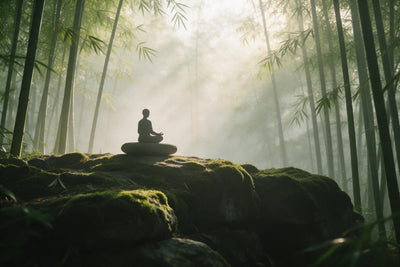 Meditation im Bambuswald auf moosigem Felsen im Nebel und goldenen Licht, als Wandtuch, auf Stoff gedruckt – Grün und Gold