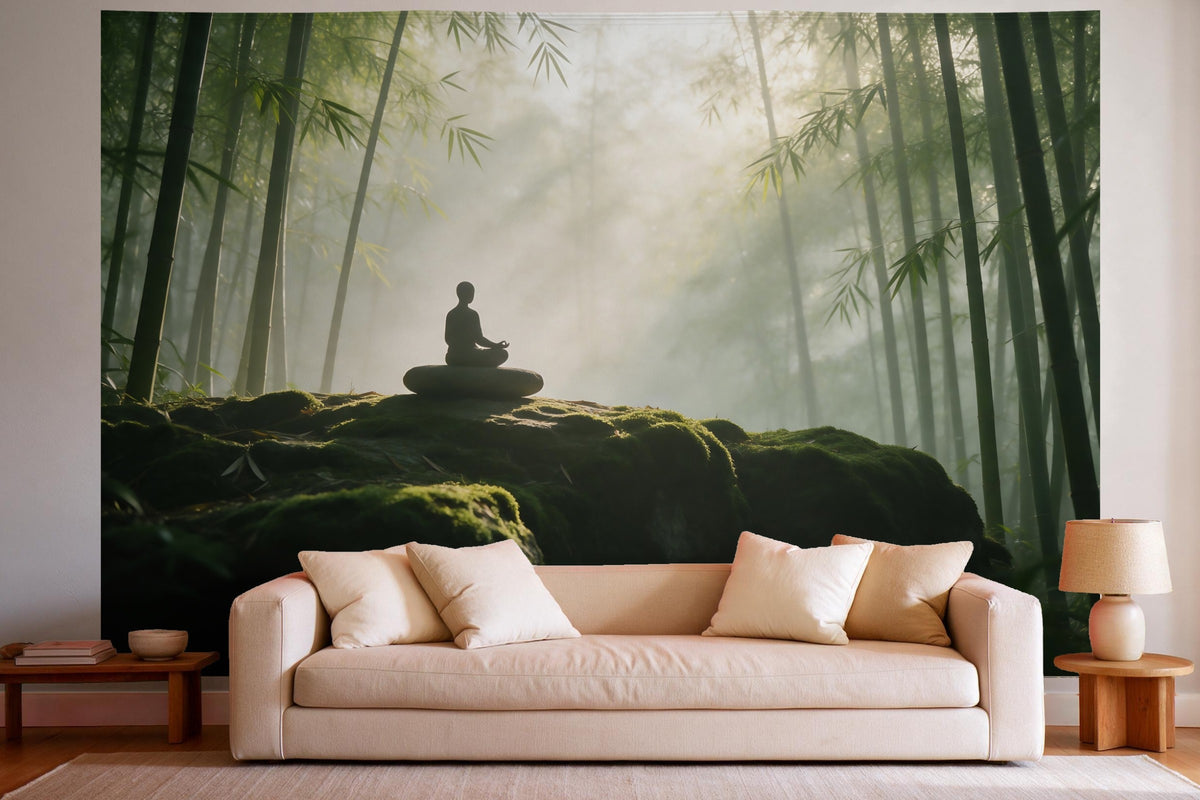 Wanddeko im hellen Wohnzimmer über dem Sofa: Wandtuch Meditation im Bambuswald, auf Stoff gedruckt