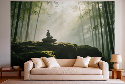 Wanddeko im hellen Wohnzimmer über dem Sofa: Wandtuch Meditation im Bambuswald, auf Stoff gedruckt