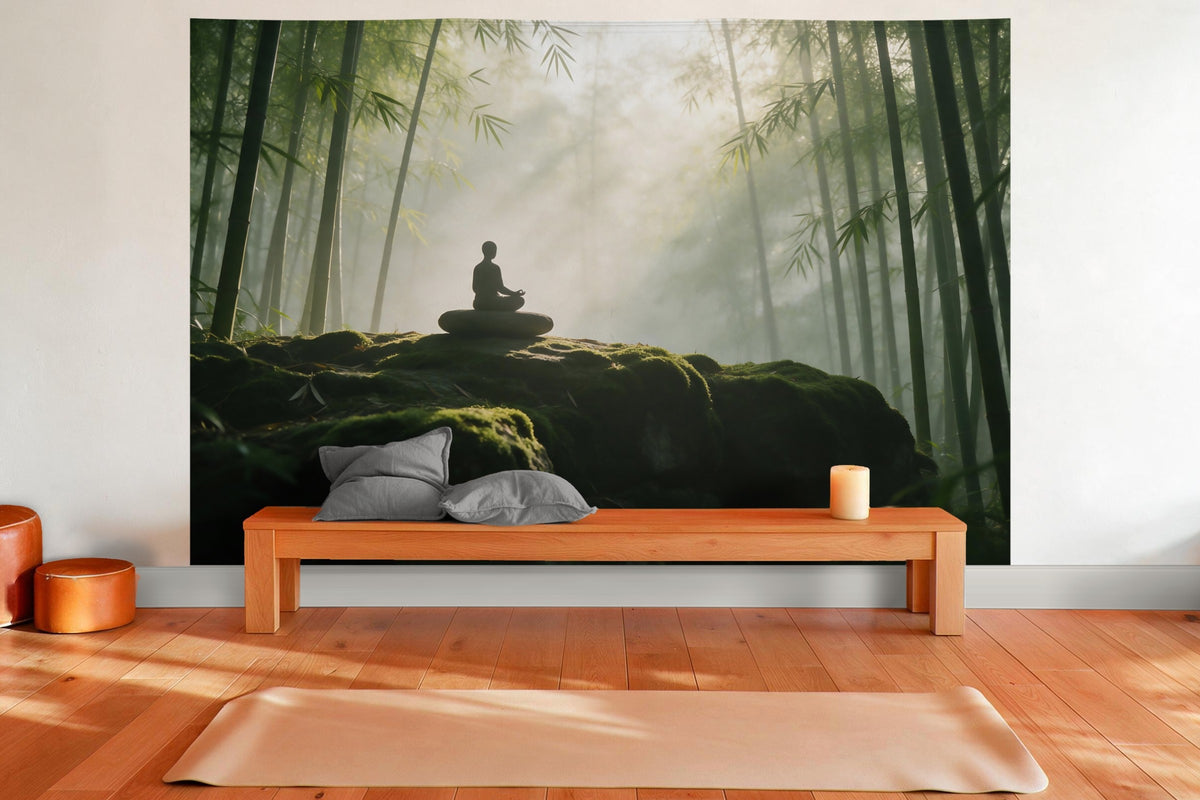 Wandtuch XXL Meditation im Bambuswald als Wanddeko im Yogaraum
