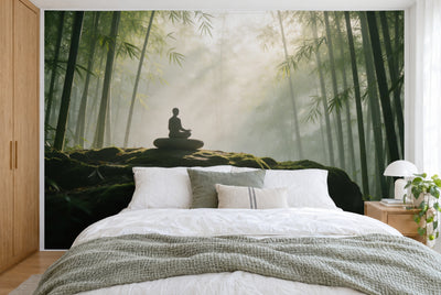 Grosses Wandtuch Meditation im Bambuswald im Schlafzimmer wandfüllend hinter dem Bett – Wandbehang aus Stoff